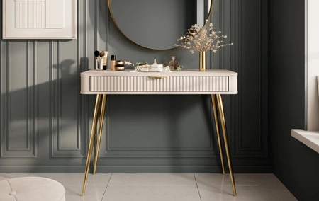 Konzola Lante béžová se zásuvkou stylový a funkční toaletní stolek zakřivený tvar rýhované čelo zlaté doplňky