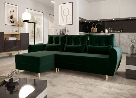 Rohová pohovka s funkcí spaní Rovigo láhev zelená levá elegantní rohová pohovka ve skandinávském designu velký prostor na lůžkoviny