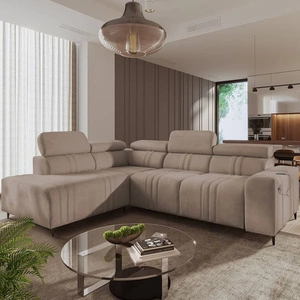 Rohová pohovka s funkcí spaní Castel VII světle hnědá levá stylová rohová pohovka s úložným prostorem na lůžkoviny a nastavitelnými opěrkami hlavy