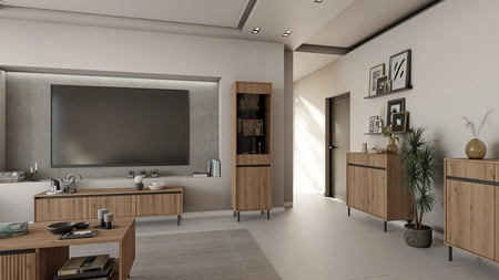 RTV skříňka Osaka 179 cm dub evoke / černá v módních barvách ideální pro interiéry v japonském stylu vkusné rýhované čelo