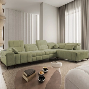 Rohová pohovka s funkcí spaní Penejos XI olivová pravá pohodlná rohová pohovka s nastavitelnými opěrkami hlavy a dvěma přihrádkami na lůžkoviny