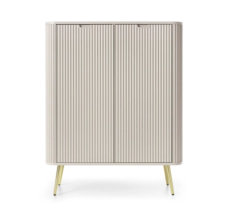 Béžová komoda Zoya 103 cm elegantní design oválného tvaru na zlatých kovových nohách vkusné drážkované čelo