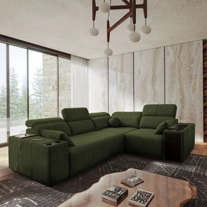Rohová sedačka s funkcí spaní Tesalia II zelená pravá pohodlná rohová sedačka do obývacího pokoje s posuvným opěradlem nádoba na lůžkoviny