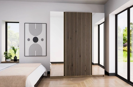 Zrcadlová šatní skříň Kastano XIV 200 cm dub evoke / černá elegantní designová šatní skříň do ložnice dveře zdobené dubovými lamelami evoke