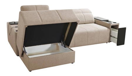 Rohová sedací souprava s funkcí spaní Tesalia modrá levá moderní design pohodlný posuvný opěrák zásuvka v boku nábytku