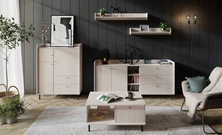 Nábytková sestava Ferdi béžová písková minimalistický design nástěnných skříněk do obývacího pokoje zlaté úchytky korpusy přesahující linii stolových desek