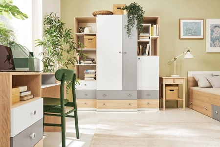 Pixel šatní skříň 80 cm dub biscuit / bílá / šedá ideální do pokoje pro mladé funkční šatní skříň se zásuvkami