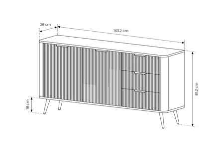 Zásuvková komoda Lante 163 cm bílá vkusná komoda s drážkovanými čely na vysokých šikmých nohách se stylovými úchyty