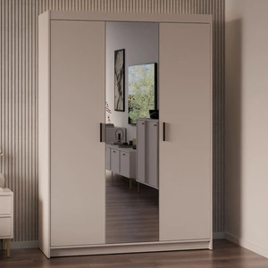 Šatní skříň Rene se zrcadlem 133 cm pískově béžová prostorná šatní skříň do ložnice zvýrazněná přírodními barvami stylové černé úchytky