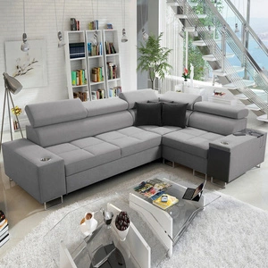 Rohová sedací souprava s funkcí spaní Dafni II šedá pravostranná proplétaná rohová sedací souprava s úložným prostorem na lůžkoviny s plnovýsuvnou zásuvkou v bočnici