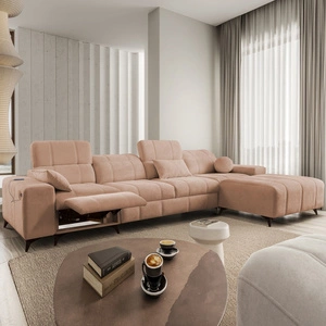 Rohová rozkládací pohovka s funkcí spaní Penejos XII Lux losos pravá strana stylové rohové rozkládací pohovky s pohodlnou výsuvnou opěrkou nohou