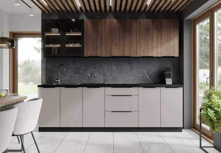 Brianza / Tarraco 260 cm sada kuchyňského nábytku kovové hrany úchytek skříňky vypadají skvěle v moderních interiérech