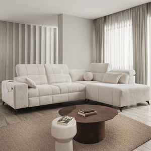 Rohová sedací souprava s funkcí spaní Penejos VII krémová pravostranná stylová rohová sedací souprava s úložným prostorem na lůžkoviny pohodlné polohovatelné opěrky hlavy