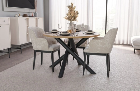 Kulatý stůl Lyon 110 cm dub artisan / černý designový jídelní stůl na kovových pavoučích nohách výškově nastavitelný