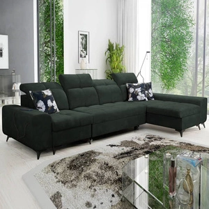 Rohová pohovka s funkcí spaní Buffalo XII zelená pravostranná stylová a funkční rohová pohovka s kontejnerem na lůžkoviny