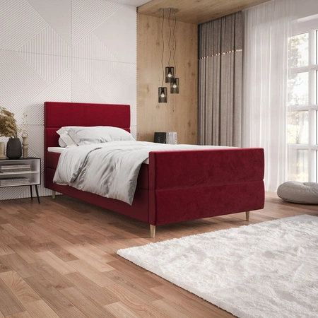 Vínová kontinentální postel Benet 120x200 v moderním skandinávském stylu s čalouněným čelem a nohami postele s úložným boxem