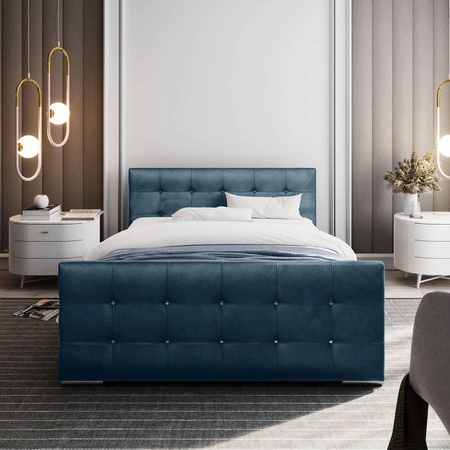 Čalouněná postel Alford 180x200 tyrkysová s úložným prostorem v moderním skandinávském stylu s prošívaným čelem a nohama s povrchovou úpravou krystaly