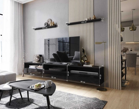 Kaires 258 cm bílá / bílá lesklá nástěnná skříňka RTV s policemi elegantní a stylový design, který se hodí do každého interiéru