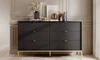 Komoda Lovro 154 cm se zásuvkami černá moderní design potěší milovníky výrazných interiérů rýhovaná čela zlaté doplňky