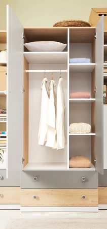 Pixel šatní skříň 80 cm dub biscuit / bílá / šedá ideální do pokoje pro mladé funkční šatní skříň se zásuvkami