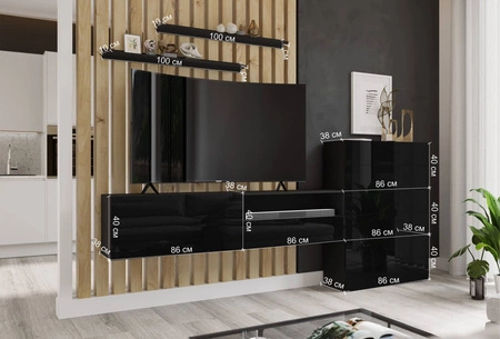 Nástěnná skříňka Almiros černá / černý lesk Moderní design Nástěnná skříňka se zásuvkovým systémem push to open do obývacího pokoje s komodou