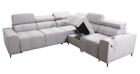 Rohová sedací souprava s funkcí spaní Castel III světle hnědá pravá rohová sedací souprava se dvěma kontejnery na lůžkoviny s nastavitelnými opěrkami hlavy