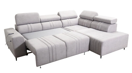 Rohová sedací souprava s funkcí spaní Castel VII grafitová pravá stylová rohová sedací souprava s úložným prostorem na lůžkoviny a nastavitelnými opěrkami hlavy