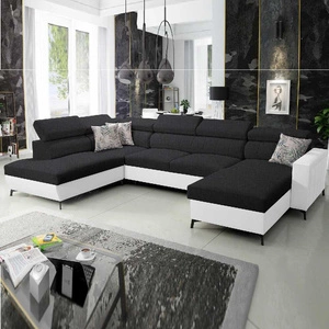 Rohová sedací souprava s funkcí spaní Savona VI černá / bílá pravá pohodlná rohová sedací souprava do obývacího pokoje se dvěma nádobami na lůžkoviny