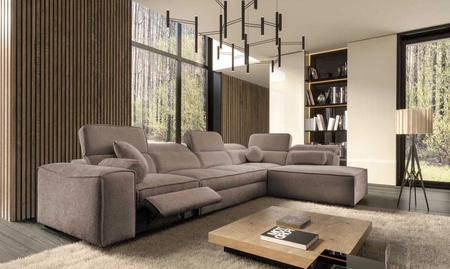 Rohová sedací souprava s funkcí spaní Viano XI Lux světle hnědá designová pravá rohová sedací souprava s výsuvným podnožníkem a úložným prostorem na lůžkoviny
