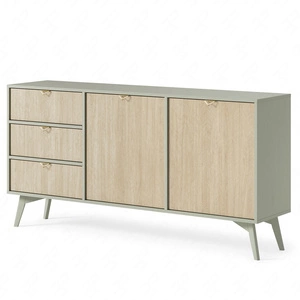Zásuvková komoda Wald 158 cm eukalyptus / béžová rybí kost pastelové barvy v boho stylu vkusný dekor rybí kosti a zlaté úchyty