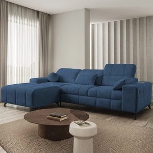 Rohová sedačka s funkcí spaní Penejos modrá levá elegantní rohová sedačka s úložným prostorem na lůžkoviny pohodlné nastavitelné opěrky hlavy