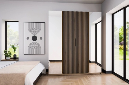 Šatní skříň se zrcadlem Kastano XIV 200 cm dub evokuje elegantní design šatní dveře zdobené černými lamelami šatní skříň do předsíně