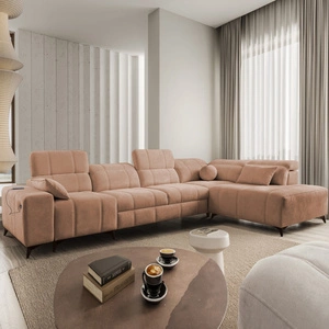 Rohová pohovka s funkcí spaní Penejos XI lososová pravá pohodlná rohová pohovka s nastavitelnými opěrkami hlavy a dvěma nádobami na lůžkoviny