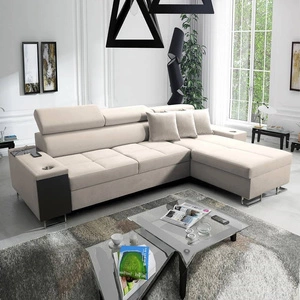 Rohová rozkládací pohovka Dafni světle béžová sametová pravá strana pohodlí a funkčnost při každodenním odpočinku