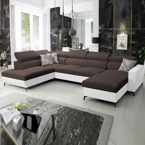 Rohová sedací souprava s funkcí spaní Savona VI hnědá / bílá pravá pohodlná rohová sedací souprava do obývacího pokoje se dvěma nádobami na lůžkoviny