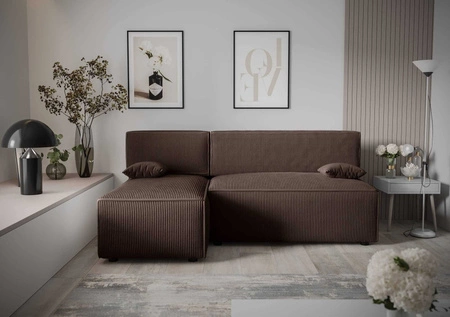 Rohová sedací souprava s funkcí spaní Brandon hnědá levostranná trojrozměrná tkanina s výraznou pruhovanou nádobou na lůžkoviny