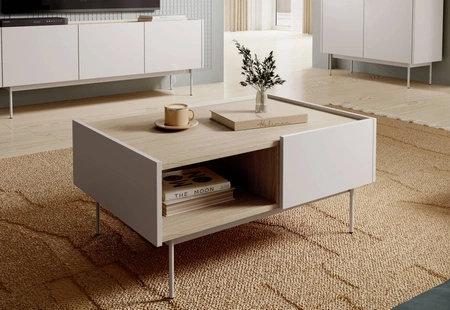 Béžový konferenční stolek Vellore se zásuvkami minimalistický design snížená horní deska v dekoru dubu poskytuje originální povrchovou úpravu