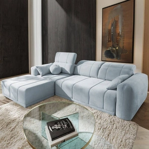 Rohová sedací souprava s funkcí spaní Cetara modrá levá strana stylový design pohodlné posuvné opěradlo nastavitelné opěrky hlavy