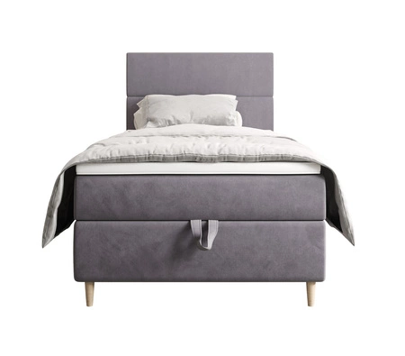 Kontinentální postel Bing 90x200 světle šedá v moderním skandinávském stylu s čalouněným čelem postele s úložným boxem