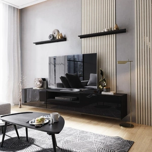 Ekali 258 cm černá / lesklá černá nástěnná RTV skříňka s policemi elegantní a stylový design, který se hodí do každého interiéru