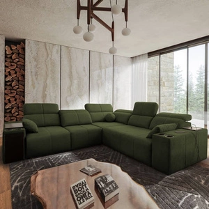 Rohová pohovka s funkcí spaní Tesalia III zelená levá pohodlná rohová pohovka s posuvným opěradlem dvě nádoby na lůžkoviny