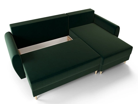 Rohová sedací souprava s funkcí spaní Rovigo bottle green right elegantní rohová sedací souprava ve skandinávském designu velká přihrádka na lůžkoviny