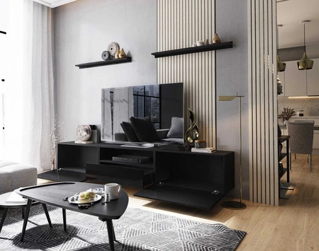 Ekali 258 cm černá / lesklá černá nástěnná RTV skříňka s policemi elegantní a stylový design, který se hodí do každého interiéru