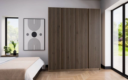Šatní skříň Kastano XV 200 cm dub evoke / černá moderní design dveře zdobené dubovými lamelami evoke ideální skříň do ložnice