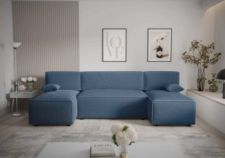 Rohová sedací souprava s funkcí spaní Brandon U modrý kontejner na lůžkoviny trojrozměrná látka s výraznými pruhy