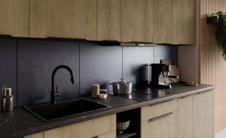 Kuchyňský nábytek Crotone 300 cm elegantní kuchyňské skříňky s kovovými úchytkami na hraně skříňka s nákladním košem