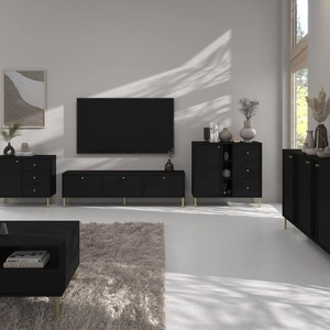 Sada nábytku do obývacího pokoje Kioto II černá grafitová stylový design elegantní nábytek podepřený kovovými zlatými nožkami decentní úchytky