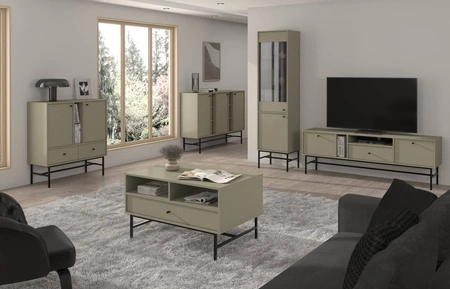 Sestava nábytku do obývacího pokoje Kioto III z eukalyptu stylový design elegantní nábytek v tlumených barvách obohacený černým rámem