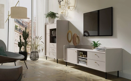 Komoda Ferdi 104 cm béžová písková minimalistický design vysoká komoda ideální do jídelny částečně prosklené čelo