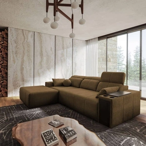 Rohová sedací souprava s funkcí spaní Tesalia hnědá levá moderní design pohodlný posuvný opěrák zásuvka v boku nábytku